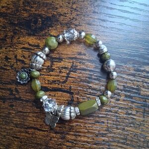 Olive Green Beaded Stretch Bracelet with Silver Charms